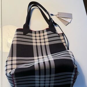 Rothy's Black & White Plaid Tote with Subtle Red Trim